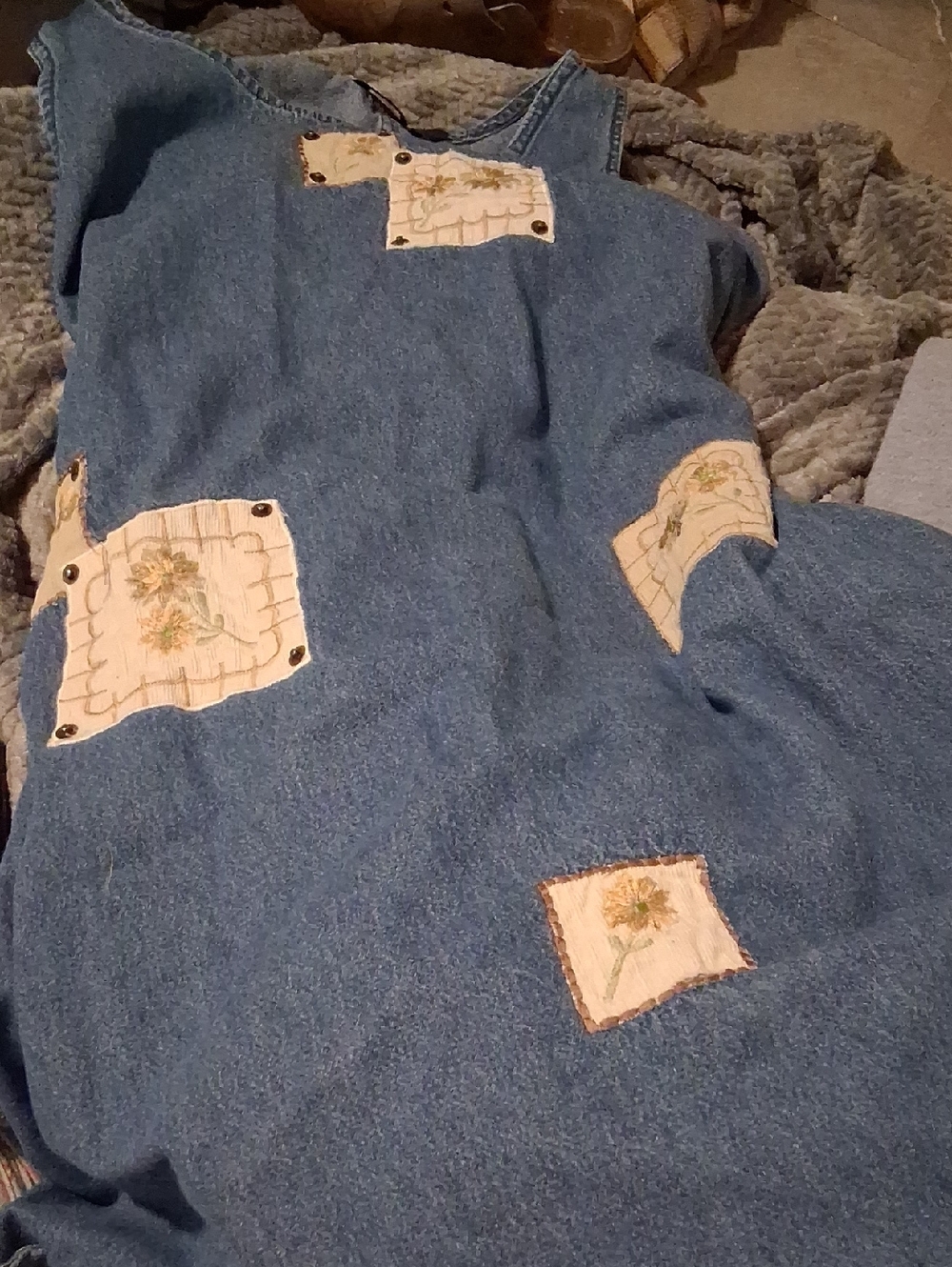 Denim Patchwork Slip Dress with Floral Appliqués - Blue